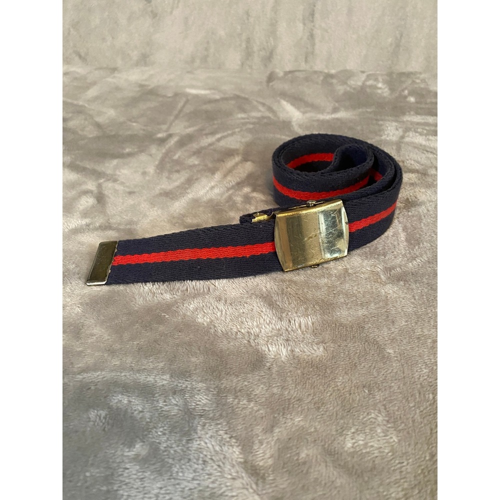 Vintage Web Belt Brass Buckle Navy Red Stripe Canvas Made/USA Military Preppy